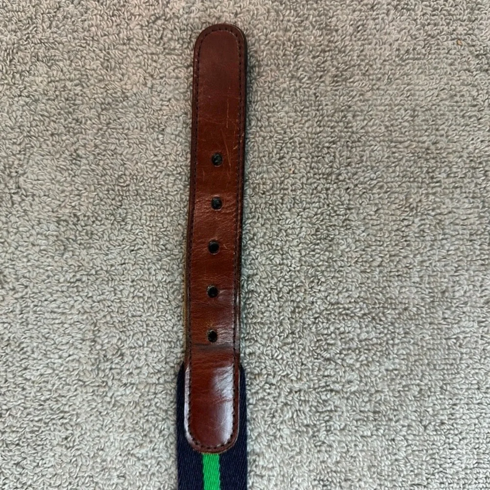Canterbury Men Navy Green Striped Wool Leather Surcingle Belt Brass Buckle 34